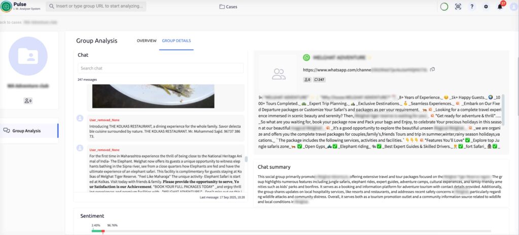 Pulse intelligence system analysing I.M group conversations connected to wildlife trafficking and poaching operations.