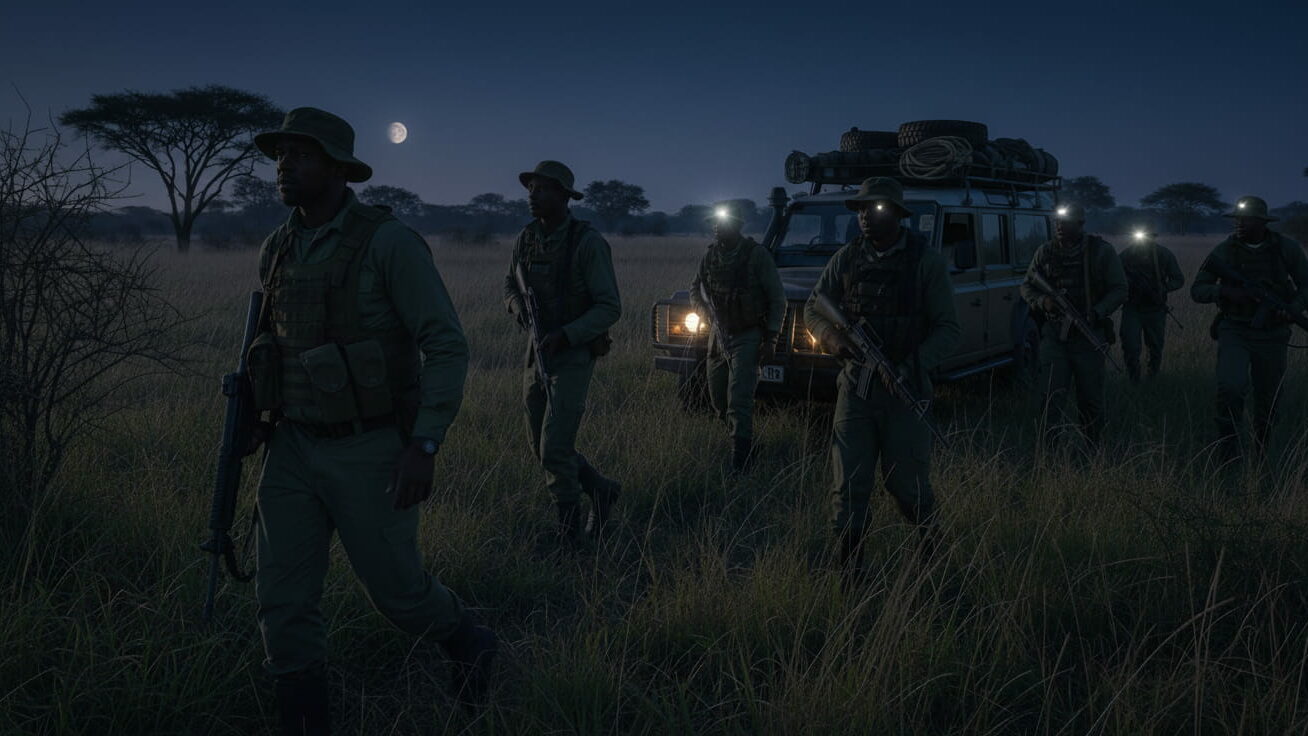Anti-poaching rangers on night patrol in African savannah to protect rhinos from poaching.