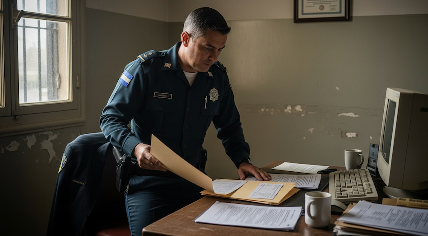 A police officer sits at a desk, compiling a report.