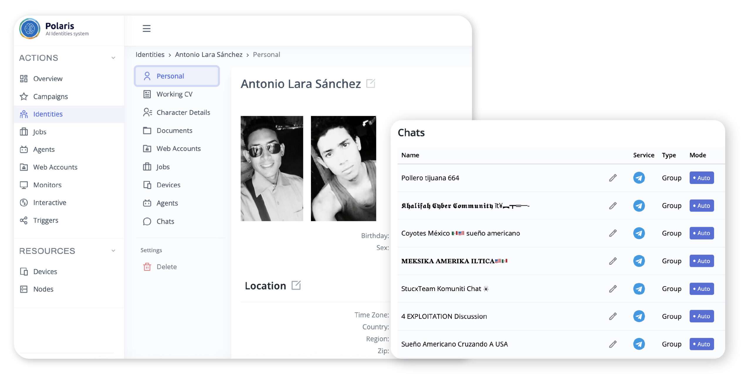 Polaris system dashboard showing chats