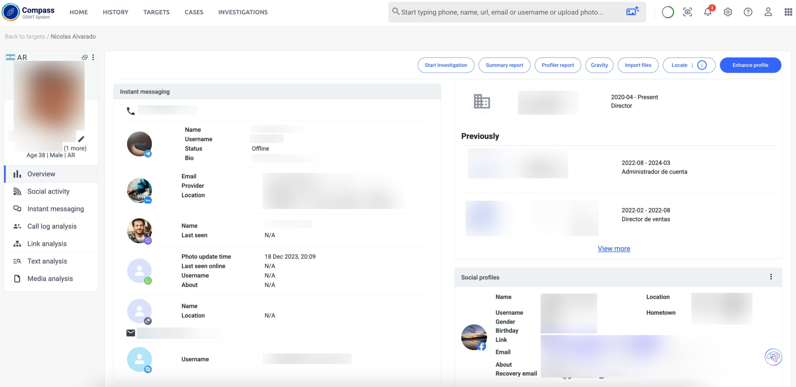 Compass OSINT system showing suspect’s instant messaging accounts, social profiles, and linked digital footprint