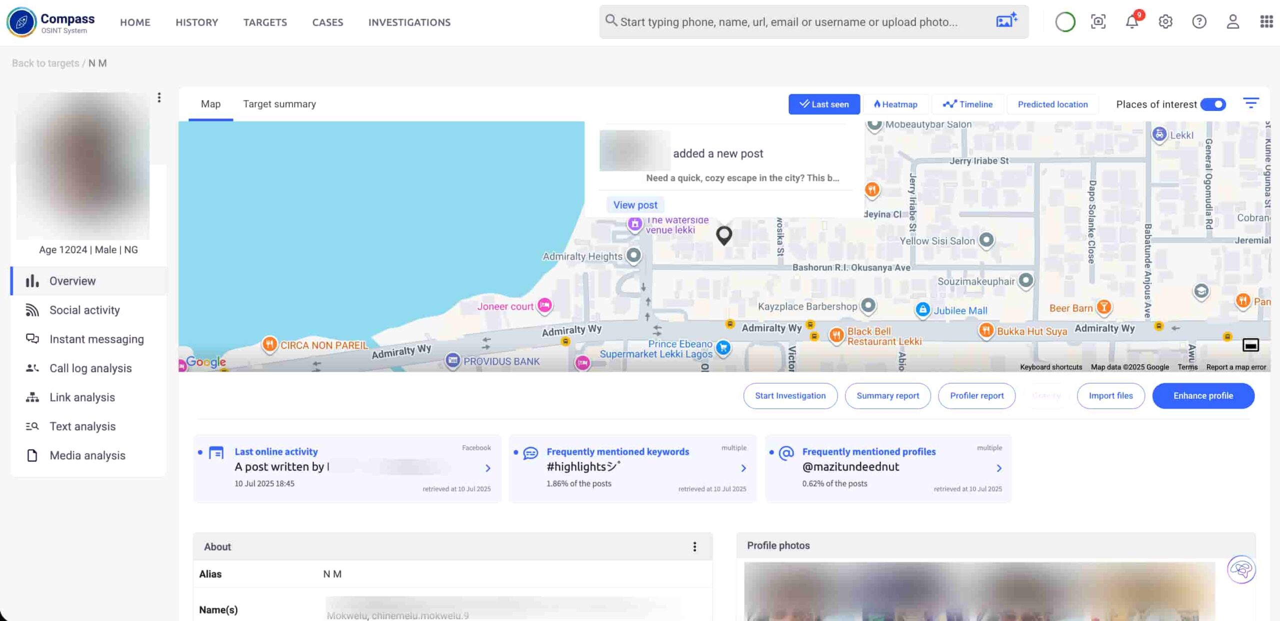 Compass system showing influencer digital profile and footprint.