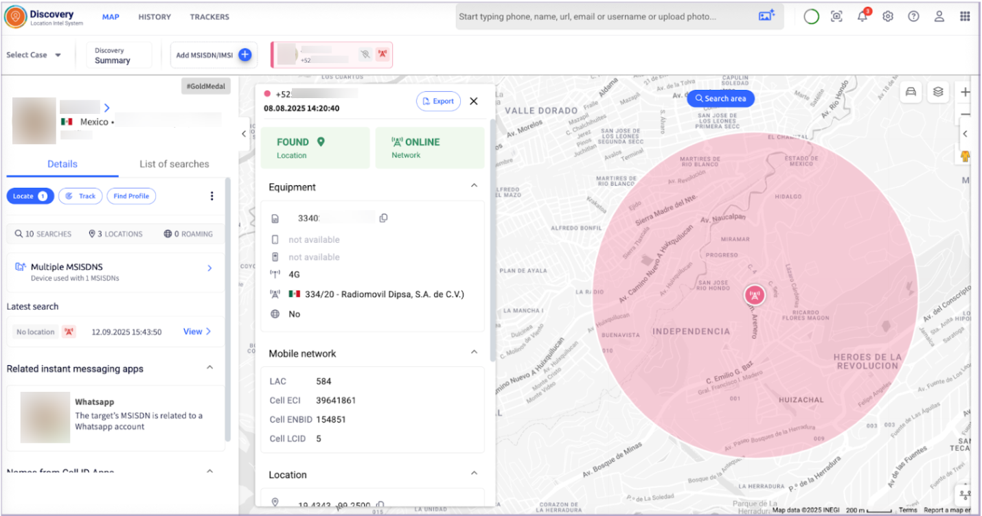 Discovery system showing device and network details of cartel-linked suspect.