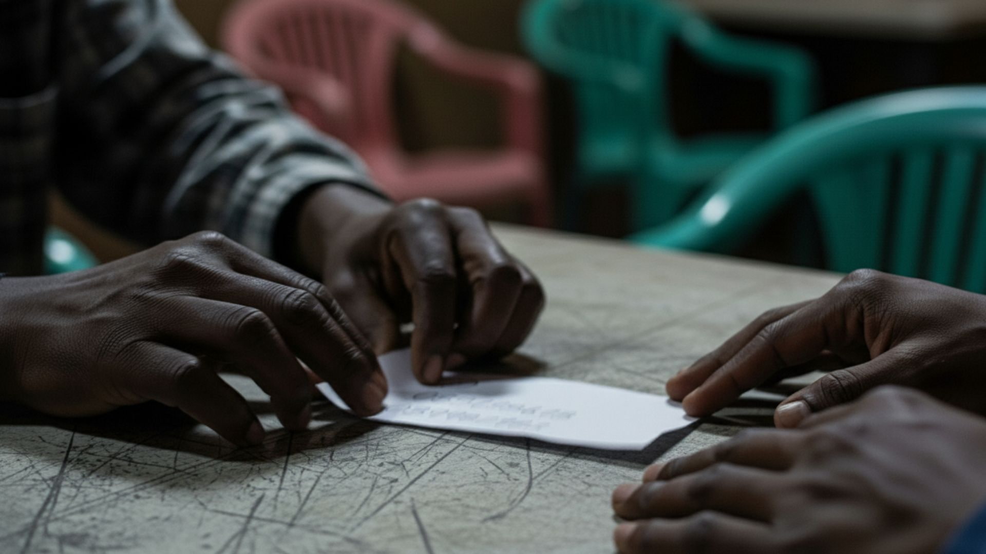 Hands passing a handwritten note with suspicious phone numbers as initial HUMINT lead