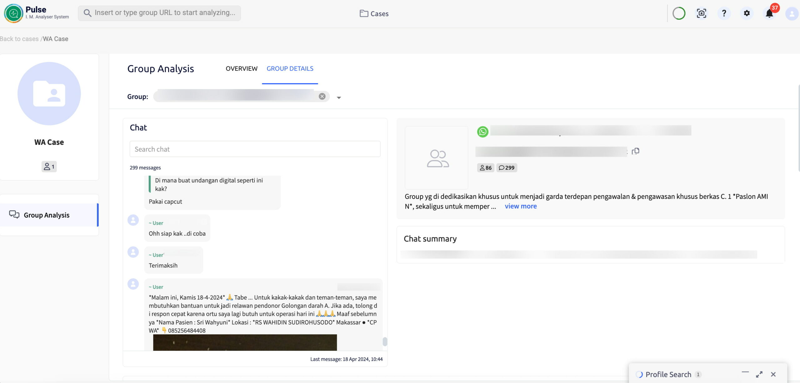 Pulse system dashboard showing instant messaging group analysis to monitor cartel communication patterns