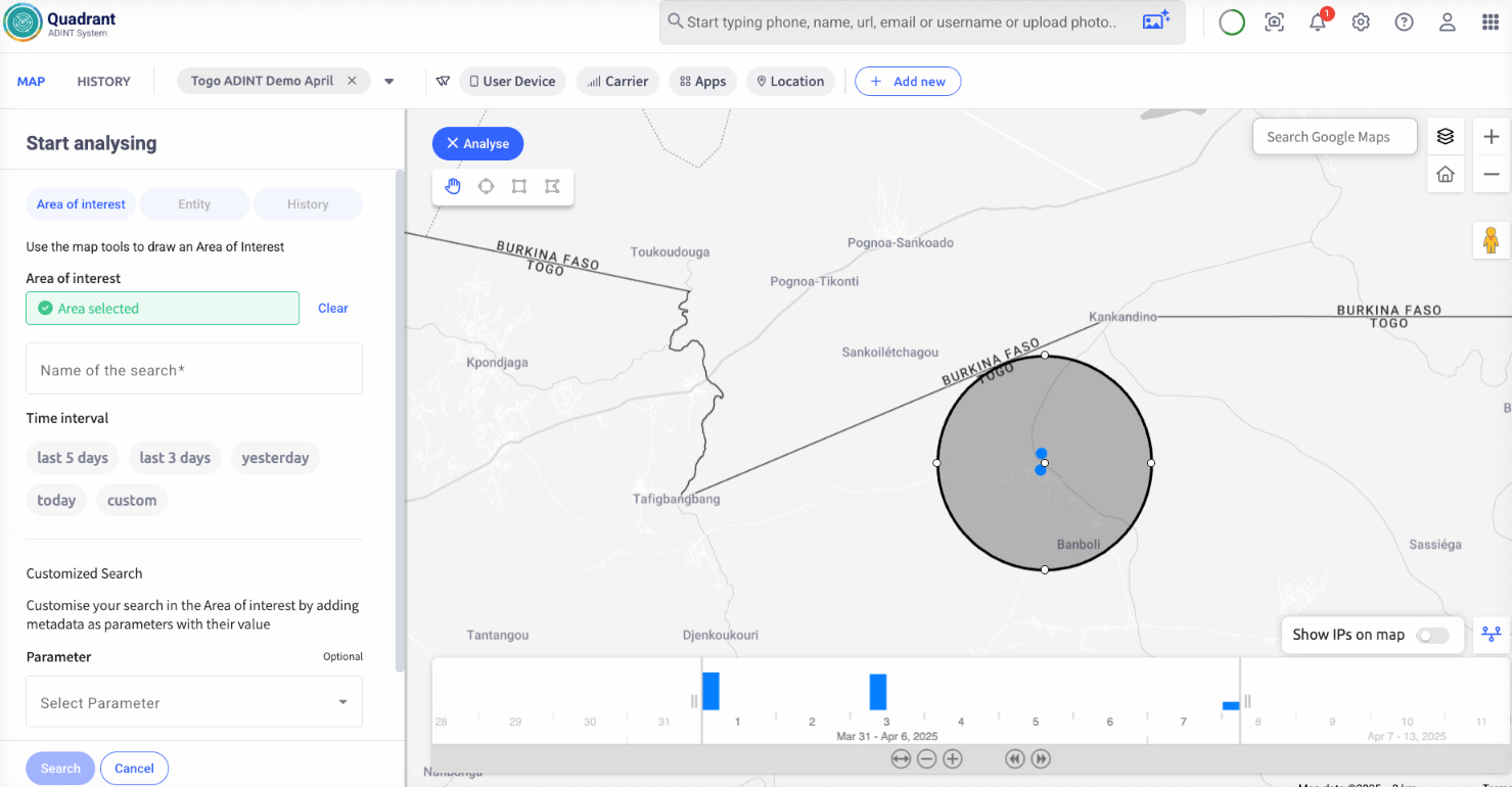 Quadrant ADINT system showing historical device presence along the border
