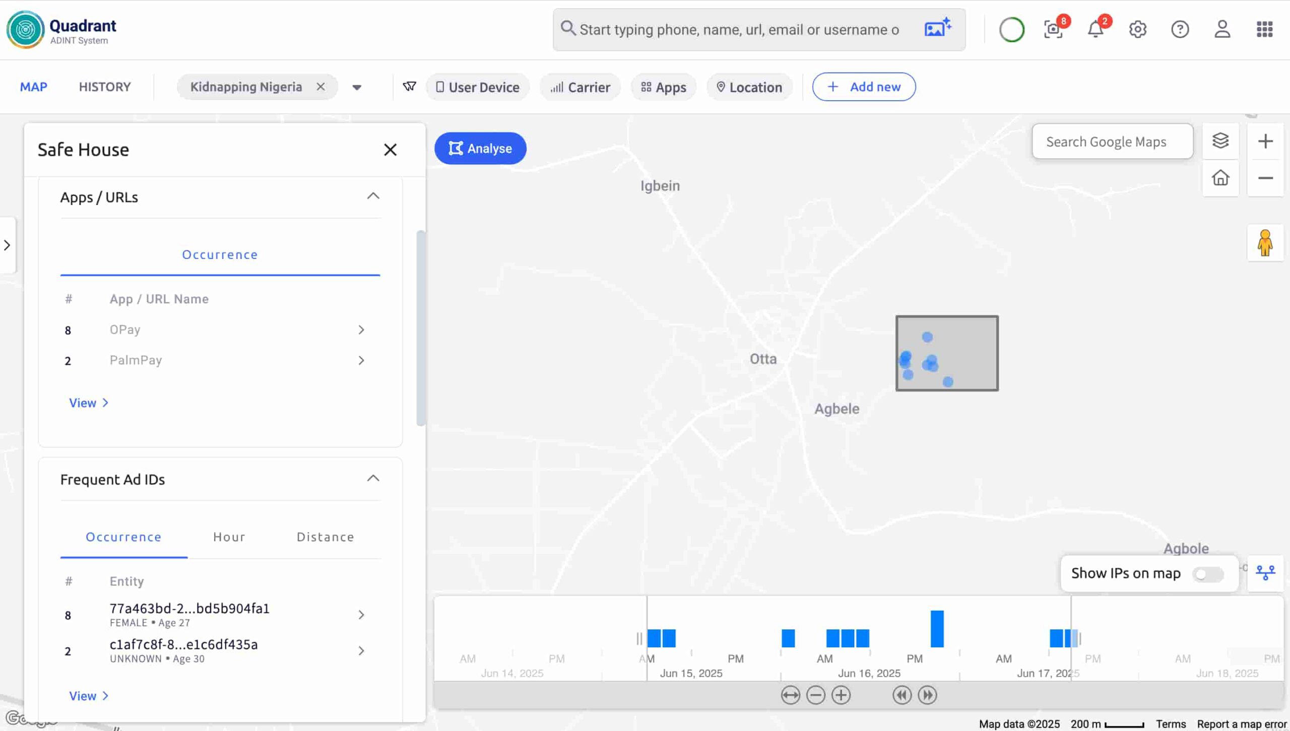 Quadrant system showing Ad Ids of suspected kidnappers.